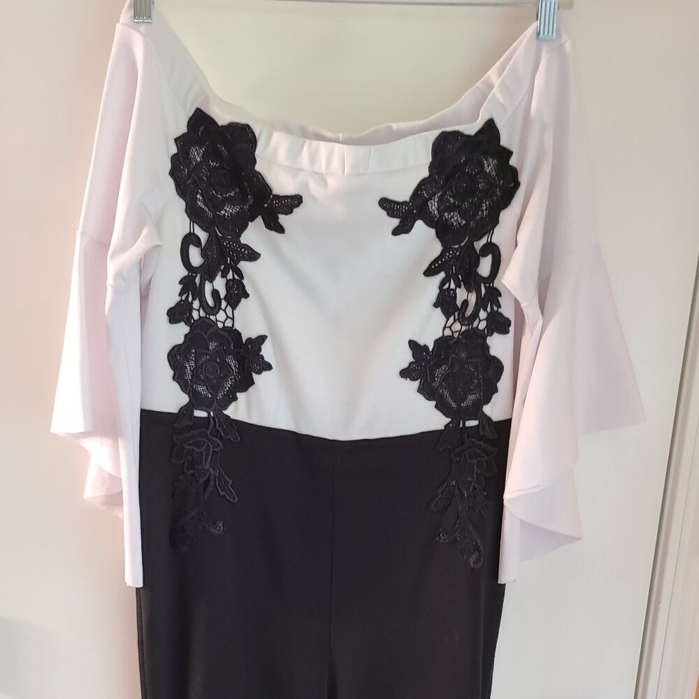 Black & White Off the Shoulder Jumpsuit with Black Lace Detail